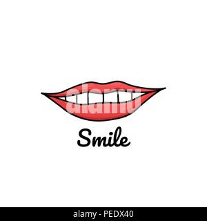 Doodle illustrazione con le labbra e iscrizione sorriso Illustrazione Vettoriale