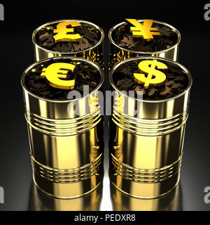 Quattro golden barili di olio con un concetto di denaro, Dollar Pound sterling euro yen valute Foto Stock