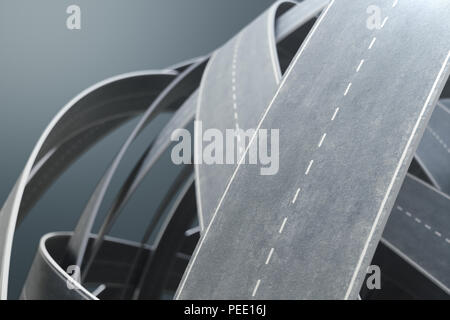 Tangled strade e autostrade in una caotica. Il concetto di un intricato strada che non ha fine e non ha inizio. Il labirinto di strade, congestione del traffico, 3D Foto Stock