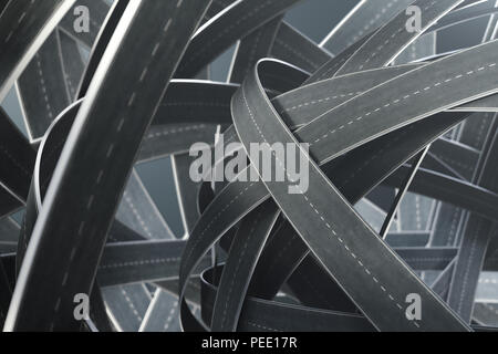 Tangled strade e autostrade in una caotica. Il concetto di un intricato strada che non ha fine e non ha inizio. Il labirinto di strade, congestione del traffico, 3D Foto Stock