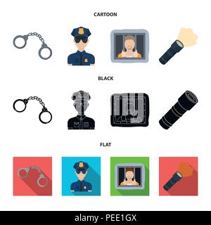 Manette, poliziotto, prigioniero, torcia elettrica.La polizia set di icone di raccolta in cartoon,Black,appartamento stile simbolo vettore illustrazione stock . Illustrazione Vettoriale