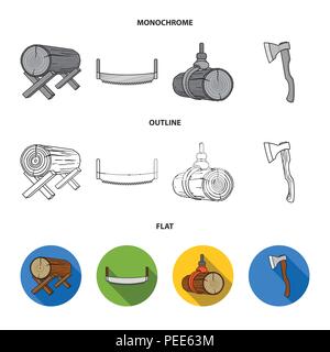 Sega circolare, un gruppo di lavoro di carpentiere, una pila di registri. Una segheria e di legname e il set di icone di raccolta in flat,contorno,monocromatico vettore stile simbolo mal di stock Illustrazione Vettoriale