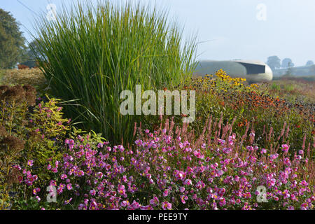 Vista su campo Oudolf, progettato dal rinomato architetto paesaggista Piet Oudolf, al Padiglione Radić, progettato da Smiljan Radić, Hauser & Wirth, Somerset Foto Stock