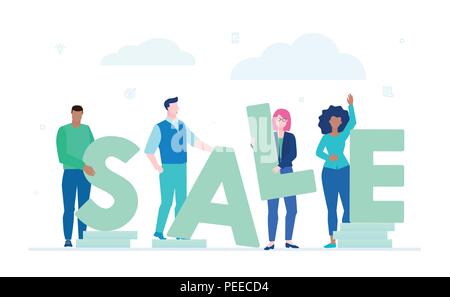 Vendita - appartamento moderno stile design illustrazione colorata su sfondo bianco. Una composizione con personaggi deliziosi holding grandi lettere sulla pila di monete. Ni Illustrazione Vettoriale