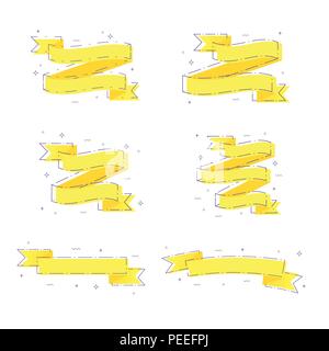 Vettore set piatto di nastri di colore giallo con linee tratteggiate e geometriche forme astratte. Elementi per la progettazione grafica - banner, annuncio, poster, flyer, tag, coupo Illustrazione Vettoriale