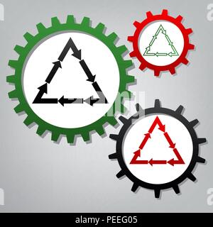 Riciclaggio di plastica PVC simbolo 3 , riciclaggio plastica codice PVC 3. Vettore. Tre ingranaggi collegati con le icone a sfondo grigiastro. Illustrazione Vettoriale