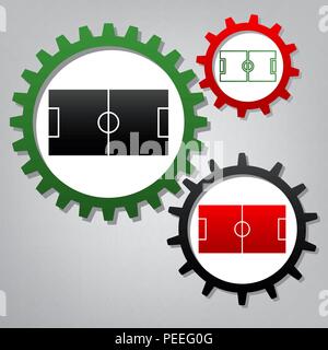Campo di calcio. Vettore. Tre ingranaggi collegati con le icone a sfondo grigiastro. Illustrazione Vettoriale