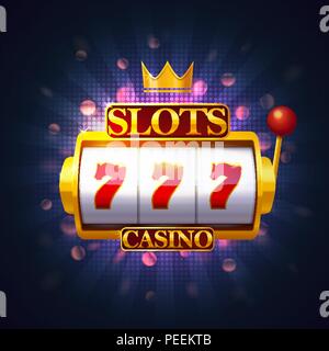 Slot machine con leva e tre sevens sullo schermo. Casinò macchina di frutta o puggy, pokies o un bandito armato con 777. Jackpot e gioco d'azzardo, rischio e intrattenimento, vincente e fortuna tema Illustrazione Vettoriale
