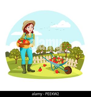 Donna agraria giardino raccolta mele o pere di prelievo. L'agricoltore femmina giardiniere o in piedi vicino a carriola con frutti. Organici e cibo sano la coltivazione, nutrizione naturale e tema di campagna Illustrazione Vettoriale