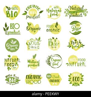 Set di farm logo food, prodotto naturale icona con foglie, organici e verdura fresca o frutta adesivo, nessun OGM garanzia. Natura e salute, certificata nutrizione naturale e l'ambiente, ecologia tema Illustrazione Vettoriale