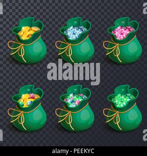 Set di sacche isolate o sacco con gemme o cristallo, diamanti e monete d'oro, pietre preziose e ruby, zaffiro o smeraldo, brillante su trasparente. Game award e ricchezza icona, gioielli e denaro Illustrazione Vettoriale