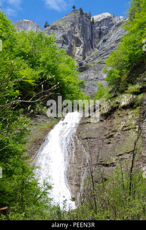 Cascata sulle rocce e le foreste in Savoie nelle Alpi francesi Foto Stock