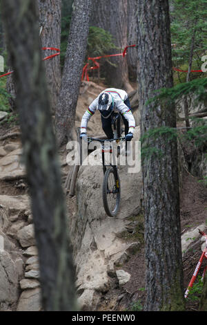 Campione del Mondo Miranda Miller (possono) racing al Crankworx Garbanzo DH evento, Whistler, BC, Canada. Agosto 14, 2018. Foto Stock