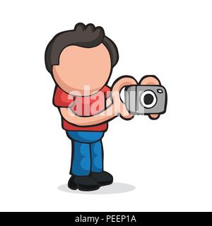Vector disegnati a mano cartoon illustrazione del fotografo man standing riprese con la fotocamera. Illustrazione Vettoriale