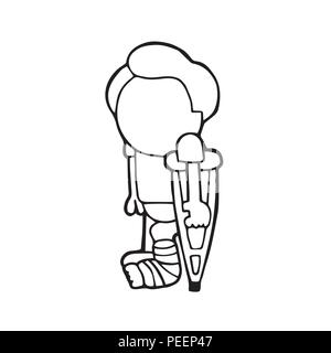 Vector disegnati a mano cartoon illustrazione dell'uomo in piedi con la gamba in pressofusione AZIENDA stampelle. Illustrazione Vettoriale