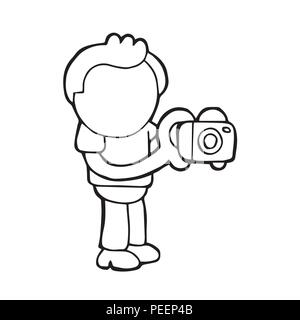 Vector disegnati a mano cartoon illustrazione del fotografo man standing riprese con la fotocamera. Illustrazione Vettoriale