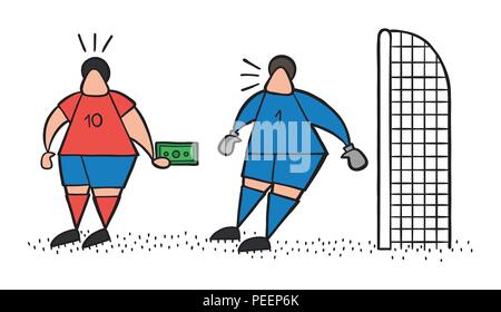 Illustrazione Vettoriale cartoon giocatore di calcio uomo offrendo tangente al portiere. Illustrazione Vettoriale