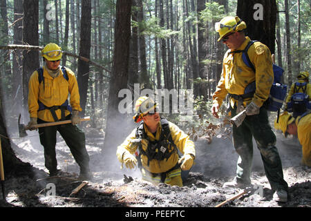 Justin Karp, centro, un ingegnere con il dipartimento delle risorse forestali e protezione antincendio (CAL FIRE) e assistente di collegamento militare, conferisce lo status di un foro di masterizzazione per i membri della Task Force alfa, California Army National Guard, e il agosto 9. Karp è stato assegnato a assiste Task Force alfa come si esegue la radazza fino funzioni durante il Humboldt fulmini fuoco vicino al punto di ontano e Blocksburg, Humboldt County, California. (U.S. Esercito nazionale Guard foto/Staff Sgt. Eddie Siguenza.) Foto Stock