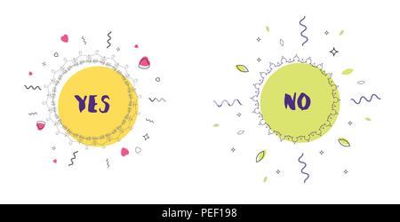 Sì e No caratteri scritti a mano su telai rotondi. Lo stile di Memphis. Elemento per il graphic design - poster, volantini, brochure, card, tag, adesivo, badge. Vect Illustrazione Vettoriale