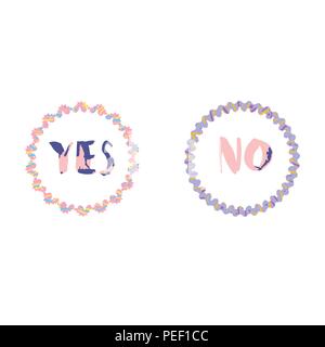 Sì e No caratteri scritti a mano sul round cornici decorative. Elemento per il graphic design - poster, volantini, brochure, card, tag, adesivo, badge. Vettore i Illustrazione Vettoriale