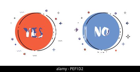 Sì e No caratteri scritti a mano su telai rotondi. Lo stile di Memphis. Elemento per il graphic design - poster, volantini, brochure, card, tag, adesivo, badge. Vect Illustrazione Vettoriale