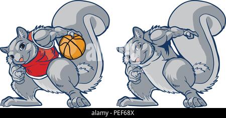 Vector cartoon clip art illustrazione di una dura ma sorridente scoiattolo muscolare in una partita di basket palming uniforme una sfera. Contiene anche una versione normale. Illustrazione Vettoriale