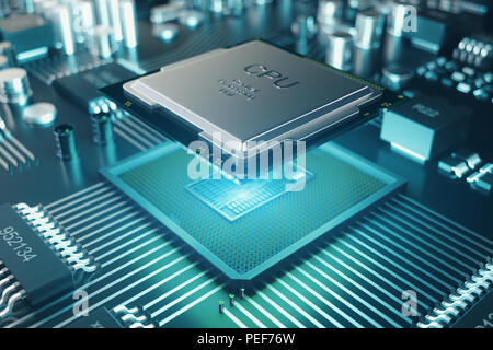 Scheda di circuito. Sfondo tecnologico. Calcolatore centrale processori CPU concetto. Scheda madre chip digitali, tech scienza dello sfondo. Communica integrato Foto Stock