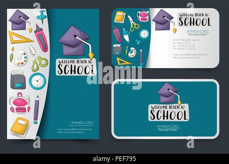 Si torna a scuola di corporate identity design set. Il Flyer e biglietti da visita ai banner per lo shopping o per la vendita. Vector illustrator. Illustrazione Vettoriale
