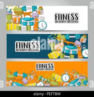 Fitness e uno stile di vita sano. Banner orizzontale set di modelli. Mano moderno disegnato doodle design. Vector illustrator. Illustrazione Vettoriale