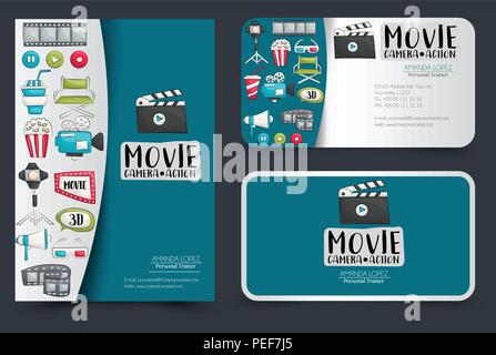 Cinema corporate identity design set. Il Flyer e biglietti da visita. Vector illustrator. Illustrazione Vettoriale