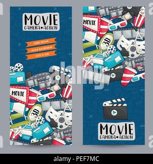 Cinema tema. Banner verticale modello impostano. Mano moderno disegnato doodle design. Vector illustrator. Illustrazione Vettoriale