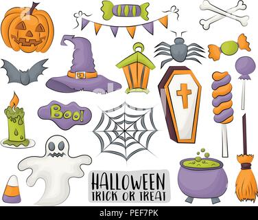 Set di Halloween gli elementi di design e le icone in uno stile cartoon. Illustrazione Vettoriale doodle oggetti. Illustrazione Vettoriale