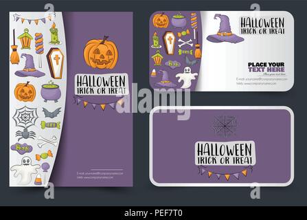 Poster di Halloween e carte. Design per un invito alla festa flyer e banner. Gift card modello. Illustrazione Vettoriale