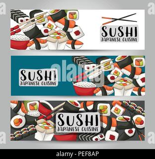 Il sushi bar e ristorante asiatico banner orizzontale impostato. Il cibo giapponese pubblicità Design modello. illustrazione vettoriale. Illustrazione Vettoriale