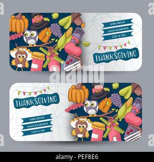 Un set di ringraziamento Banner orizzontale. Vacanze felici concetto. Raccolto autunnale del modello di progettazione per la pubblicità, la vendita, l'invito a una festa. Vecto Illustrazione Vettoriale