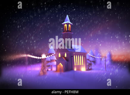 Una festosa Chiesa di scena a Natale con luci decorative e la caduta di neve. 3D illustrazione Foto Stock