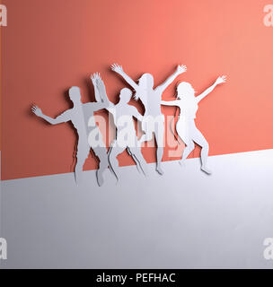 Carta piegata arte origami.un gruppo di persone attive jumping. Carta artigianale 3D'illustrazione. Foto Stock