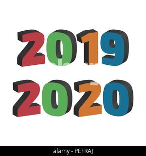 2019 e 2020 anno colore tre segni dimensionale su sfondo bianco Illustrazione Vettoriale
