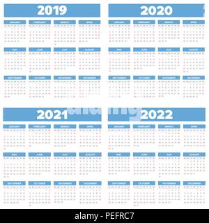 Semplice anno 2019-2022 calendario impostato, settimana comincia la domenica Illustrazione Vettoriale