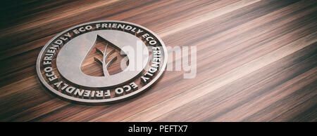 ECO FRIENDLY badge. Round Cartello in metallo con testo eco friendly su sfondo di legno, banner, copia dello spazio. 3d illustrazione Foto Stock