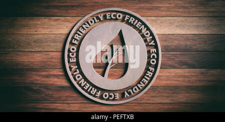 ECO FRIENDLY badge. Round Cartello in metallo con testo eco friendly su sfondo di legno. 3d illustrazione Foto Stock