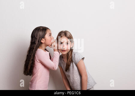 Una piccola ragazza sussurra qualcosa in un orecchio del suo amico. Foto Stock