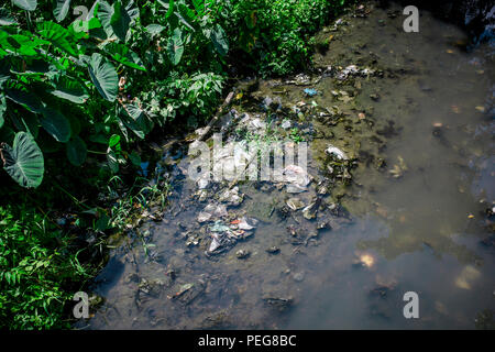 Fiume inquinato con materie plastiche e metalli pesanti. Foto Stock