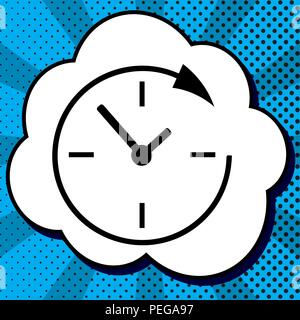 Assistenza e supporto per i clienti di tutto il clock e 24 ore. Vettore. Icona nera in bolla su blue pop-art sfondo con raggi. Illustrazione Vettoriale