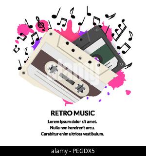 Retrò alla musica di sottofondo con magnetici Nastri audio e note. Illustrazione Vettoriale