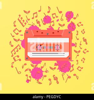 1080s retrò alla musica di sottofondo con magnetici Nastri audio e note Illustrazione Vettoriale