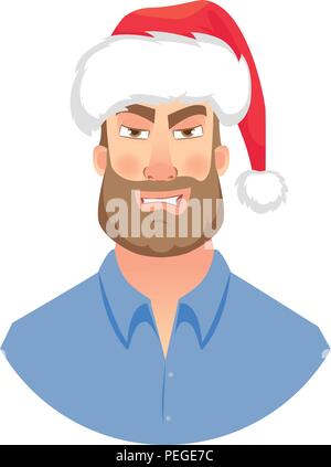 Imprenditore della Santa Claus hat. Uomo malvagio. Volto di uomo con la barba. Emozioni Illustrazione Vettoriale