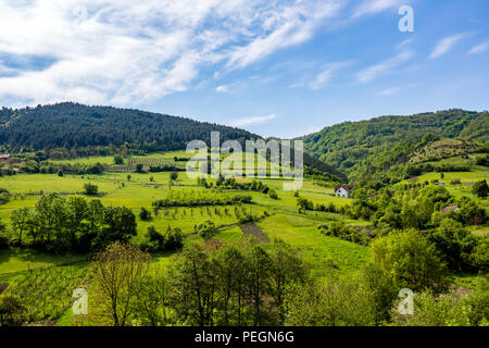 Serbo villaggio rurale verde paesaggio primaverile, montagne in Serbia sono molto bello, vicino a Valjevo. Valle e colline. La casa bianca, i terreni agricoli e foreste di primavera in primavera. Campagna europea Foto Stock