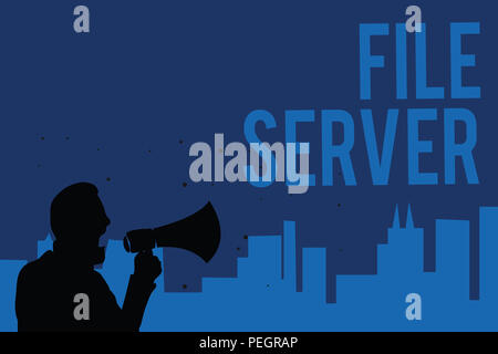 Testo della scrittura la scrittura del file server. Concetto significato dispositivo che controlla l'accesso a separatamente i dati memorizzati uomo azienda megafono politico di lingua Foto Stock