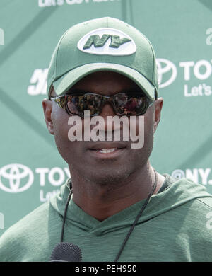 Richmond, Stati Uniti d'America. 14 Ago, 2018. New York getti head coach Todd Bowles incontra i giornalisti dopo che il suo team ha partecipato a una formazione comune pratica di camp con Washington Redskins a Washington Redskins Bon Secours Training Facility a Richmond, Virginia Martedì, 14 agosto 2018. Credito: Ron Sachs/CNP (restrizione: NO New York o New Jersey o giornali quotidiani nel raggio di 75 miglia da New York City) | utilizzo del credito in tutto il mondo: dpa/Alamy Live News Foto Stock